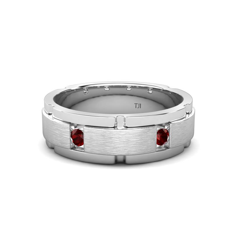 Laken 0.27 ctw (2.50 mm) Round Red Garnet Satin Finished Center and Polished Edges with Grooved Lines Men Wedding Band 
