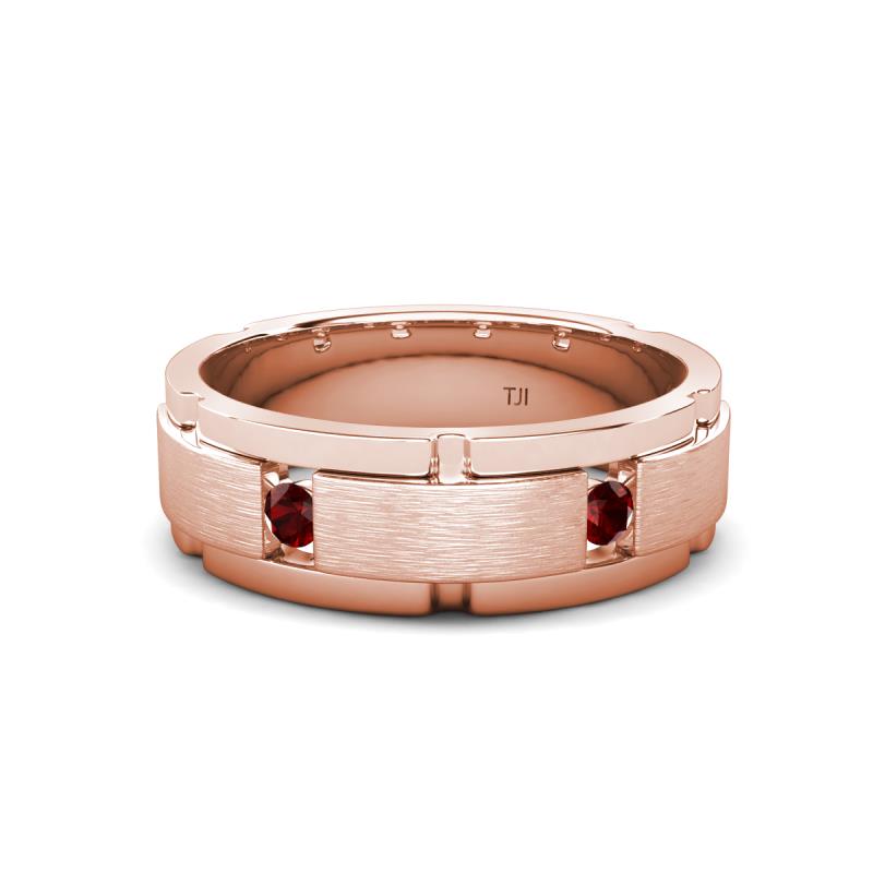 Laken 0.27 ctw (2.50 mm) Round Red Garnet Satin Finished Center and Polished Edges with Grooved Lines Men Wedding Band 