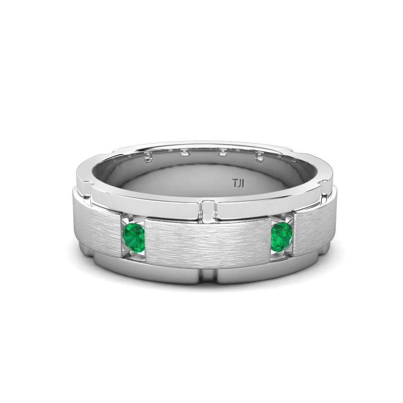 Laken 0.16 ctw (2.50 mm) Round Emerald Satin Finished Center and Polished Edges with Grooved Lines Men Wedding Band 