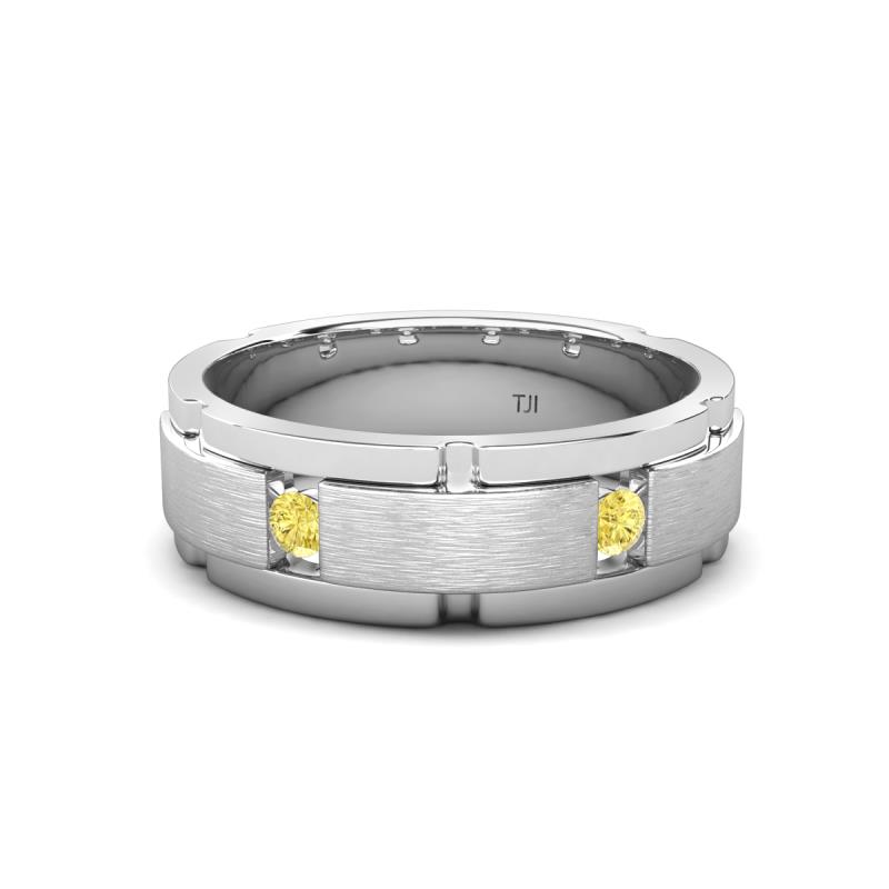 Laken 0.28 ctw (2.50 mm) Round Yellow Sapphire Satin Finished Center and Polished Edges with Grooved Lines Men Wedding Band 