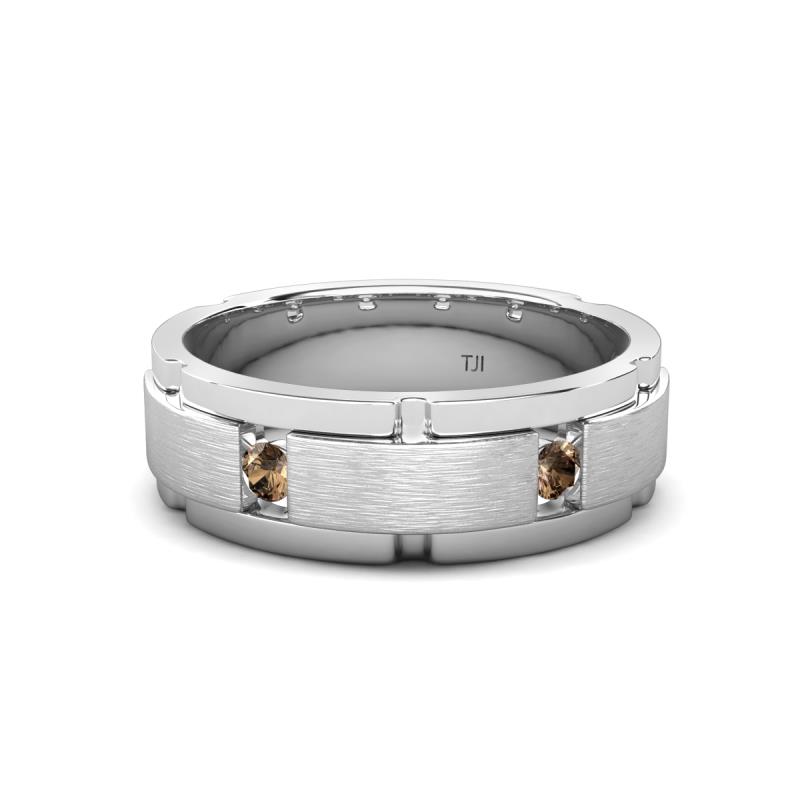 Laken 0.24 ctw (2.50 mm) Round Smoky Quartz Satin Finished Center and Polished Edges with Grooved Lines Men Wedding Band 