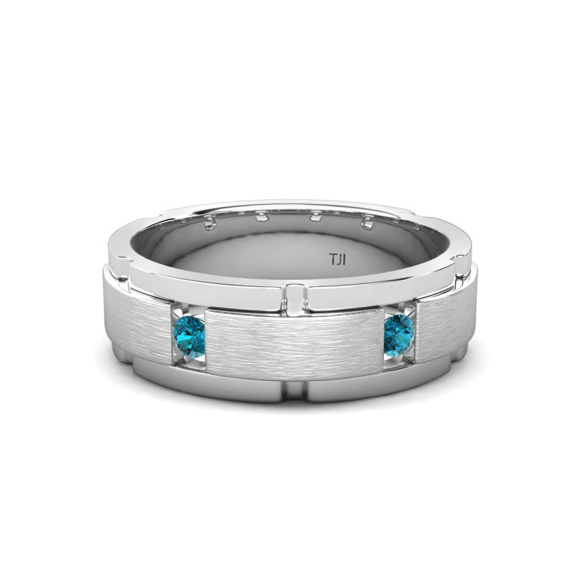 Laken 0.24 ctw (2.50 mm) Round Blue Diamond Satin Finished Center and Polished Edges with Grooved Lines Men Wedding Band 