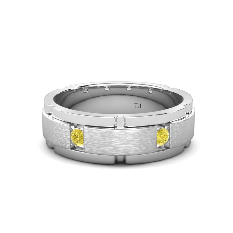 Laken 0.24 ctw (2.50 mm) Round Yellow Diamond Satin Finished Center and Polished Edges with Grooved Lines Men Wedding Band 