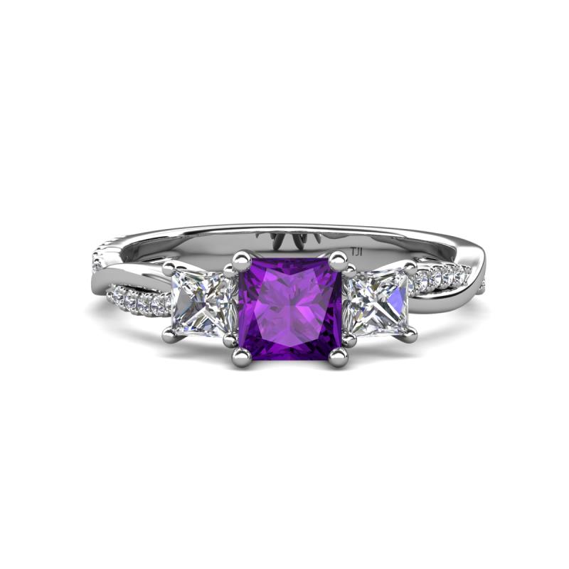 Michele 1.60 ctw (5.50 mm) 3 Stone Princess Cut Amethyst and Lab Grown Diamond Twisted Vine Engagement Ring 