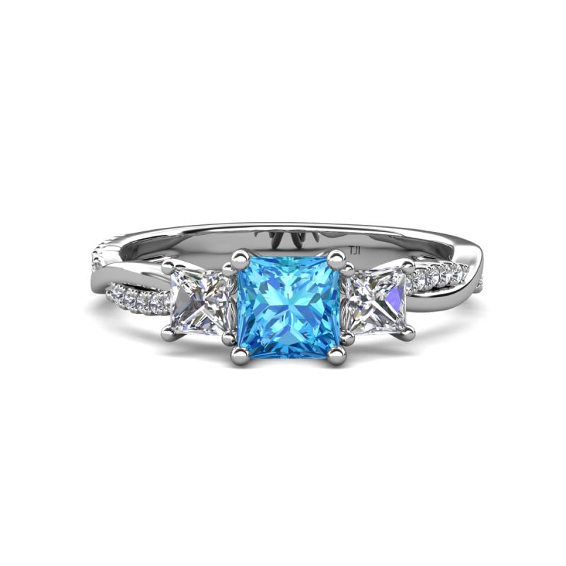Michele 1.98 ctw (5.50 mm) 3 Stone Princess Cut Blue Topaz and Lab Grown Diamond Twisted Vine Engagement Ring 