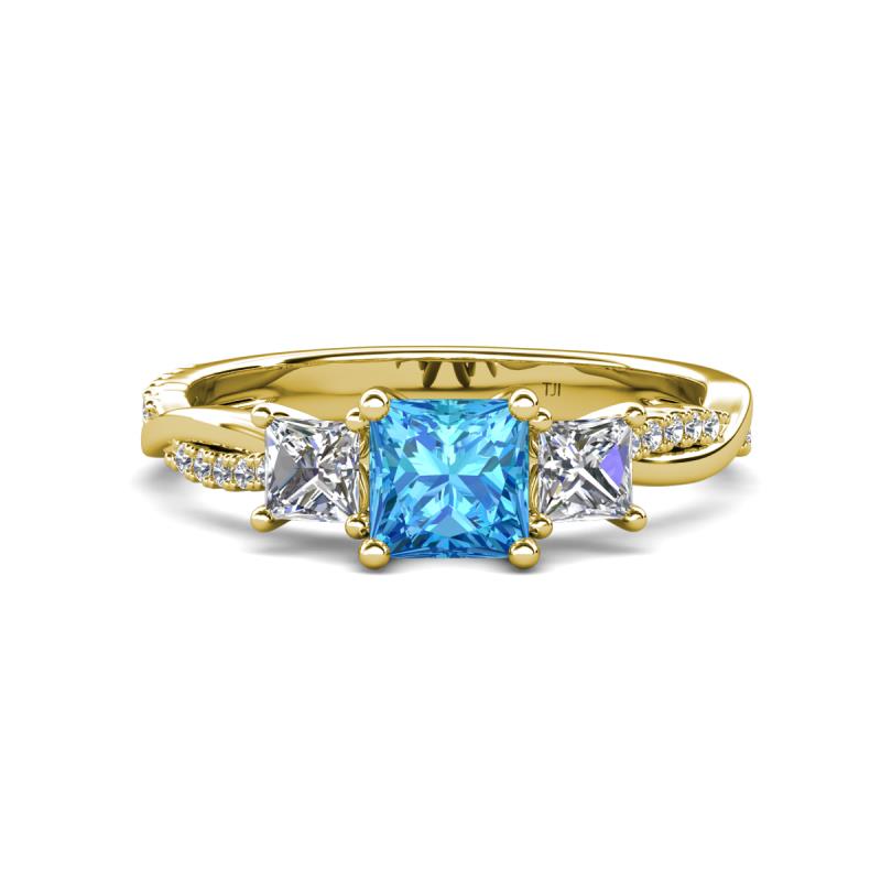 Michele 1.98 ctw (5.50 mm) 3 Stone Princess Cut Blue Topaz and Lab Grown Diamond Twisted Vine Engagement Ring 