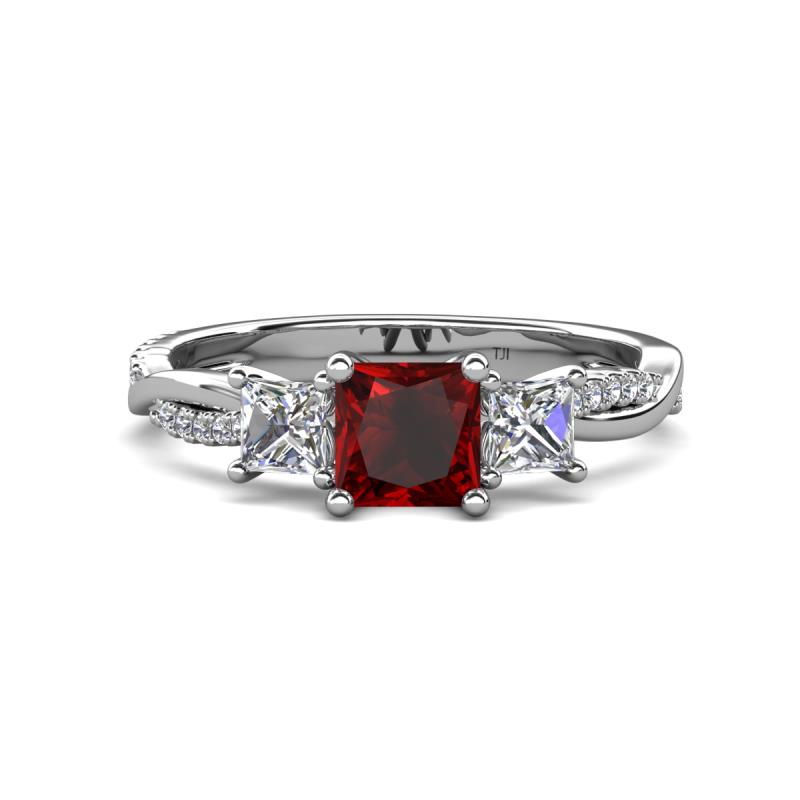 Michele 1.95 ctw (5.50 mm) 3 Stone Princess Cut Red Garnet and Lab Grown Diamond Twisted Vine Engagement Ring 