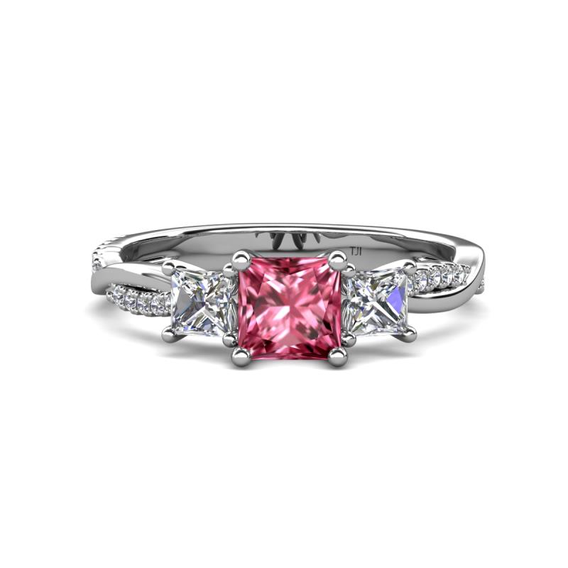 Michele 1.70 ctw (5.50 mm) 3 Stone Princess Cut Pink Tourmaline and Lab Grown Diamond Twisted Vine Engagement Ring 