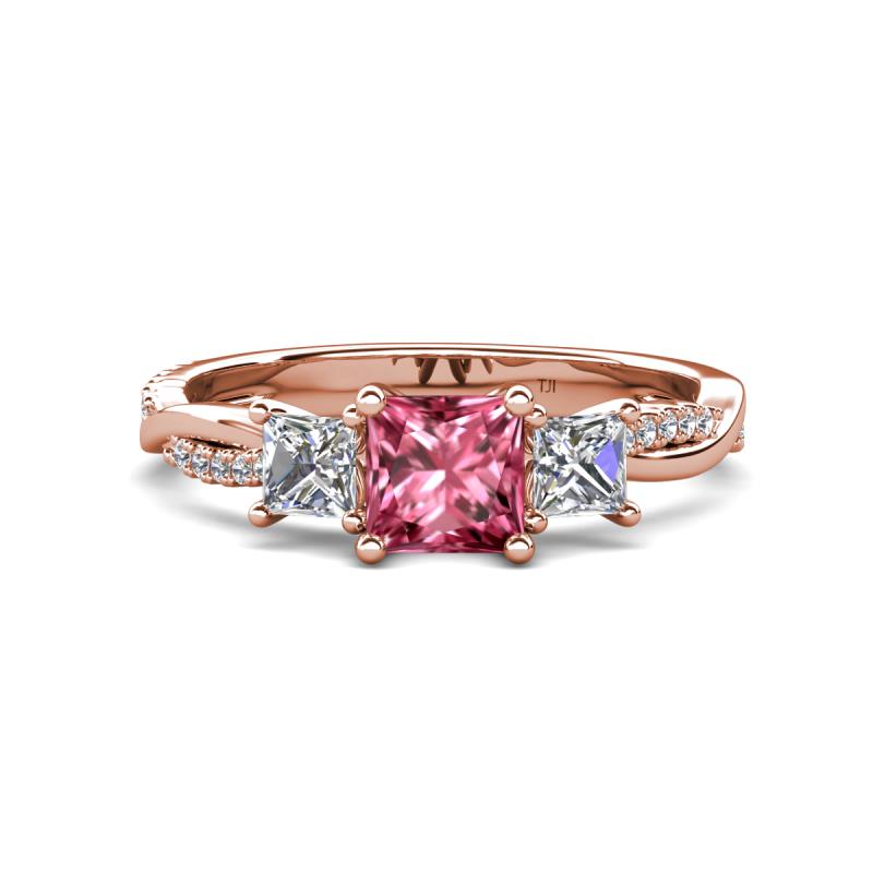 Michele 1.70 ctw (5.50 mm) 3 Stone Princess Cut Pink Tourmaline and Lab Grown Diamond Twisted Vine Engagement Ring 