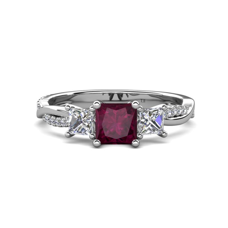 Michele 1.85 ctw (5.50 mm) 3 Stone Princess Cut Rhodolite Garnet and Lab Grown Diamond Twisted Vine Engagement Ring 