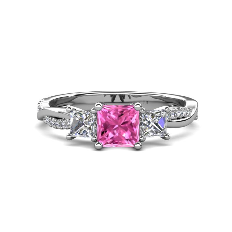 Michele 1.45 ctw (5.50 mm) 3 Stone Princess Cut Pink Sapphire and Lab Grown Diamond Twisted Vine Engagement Ring 