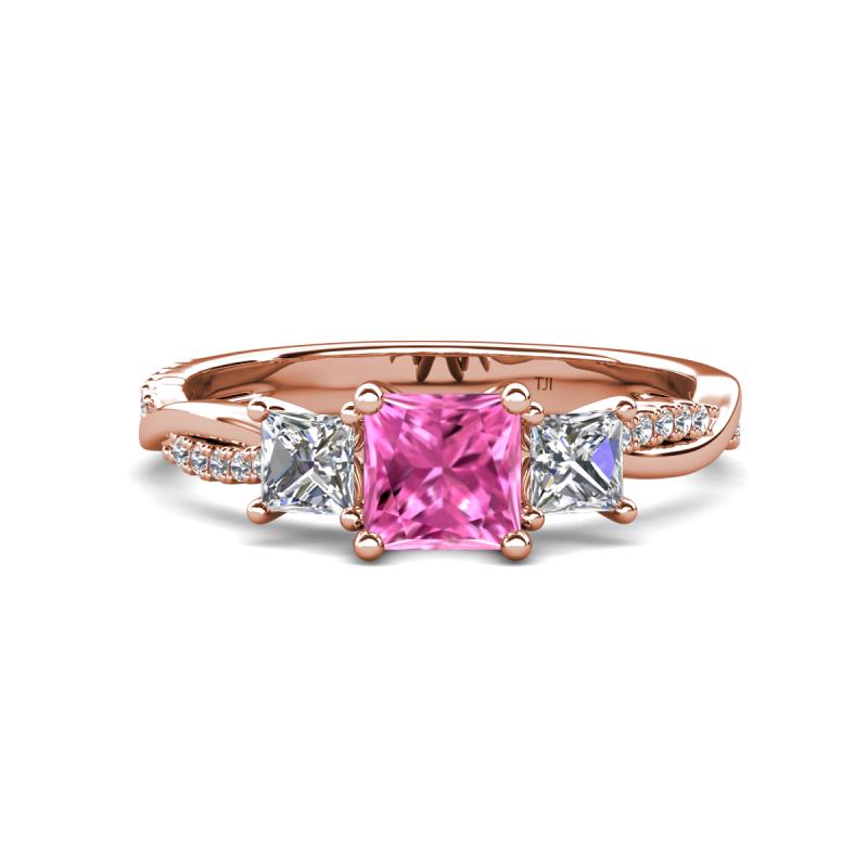 Michele 1.45 ctw (5.50 mm) 3 Stone Princess Cut Pink Sapphire and Lab Grown Diamond Twisted Vine Engagement Ring 