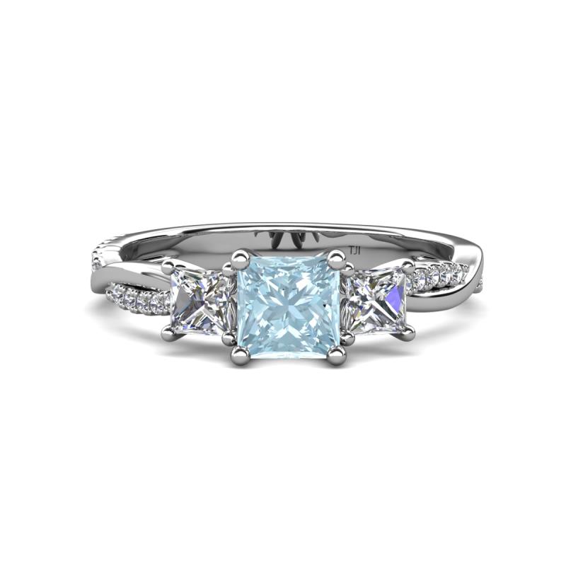 Michele 1.60 ctw (5.50 mm) 3 Stone Princess Cut Aquamarine and Natural Diamond Twisted Vine Engagement Ring 
