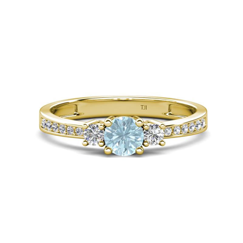 Aniyah 0.61 ctw (5.00 mm) Classic Three Stone Round Aquamarine and Natural Diamond Engagement Ring 