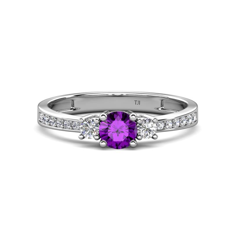 Aniyah 0.61 ctw (5.00 mm) Classic Three Stone Round Amethyst and Natural Diamond Engagement Ring 