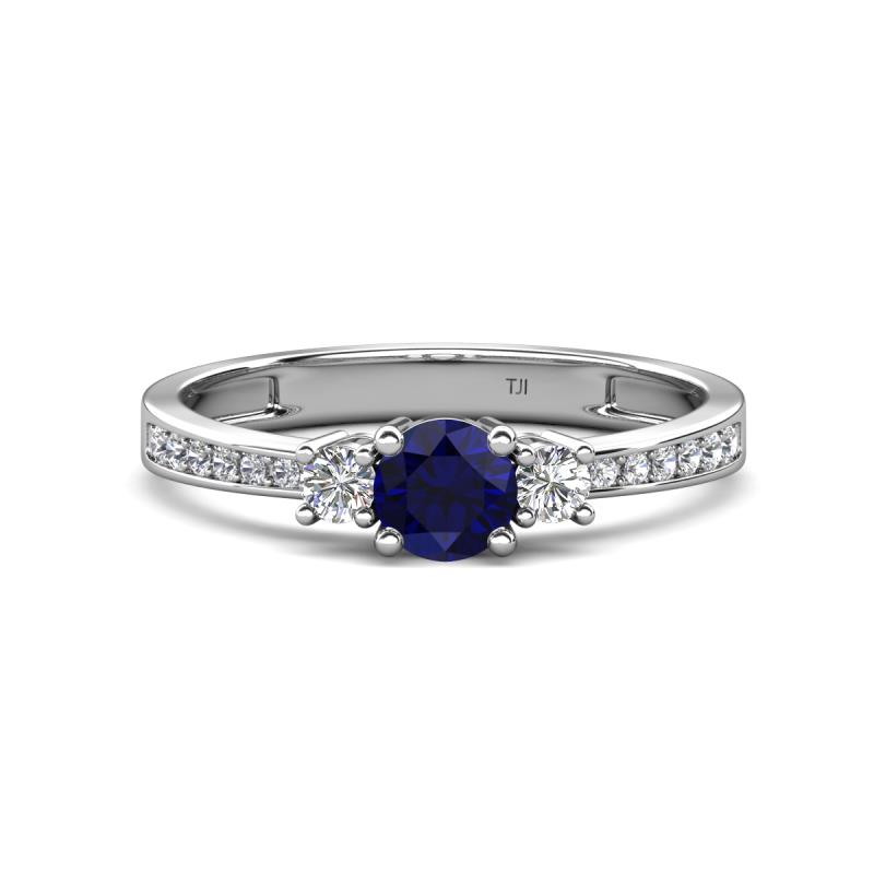 Aniyah 0.91 ctw (5.00 mm) Classic Three Stone Round Blue Sapphire and Natural Diamond Engagement Ring 