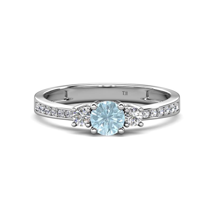 Aniyah 0.61 ctw (5.00 mm) Classic Three Stone Round Aquamarine and Natural Diamond Engagement Ring 