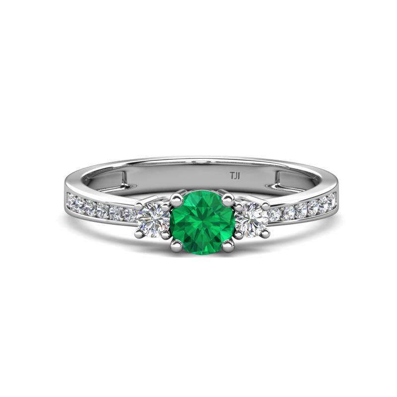 Aniyah 0.61 ctw (5.00 mm) Classic Three Stone Round Emerald and Natural Diamond Engagement Ring 