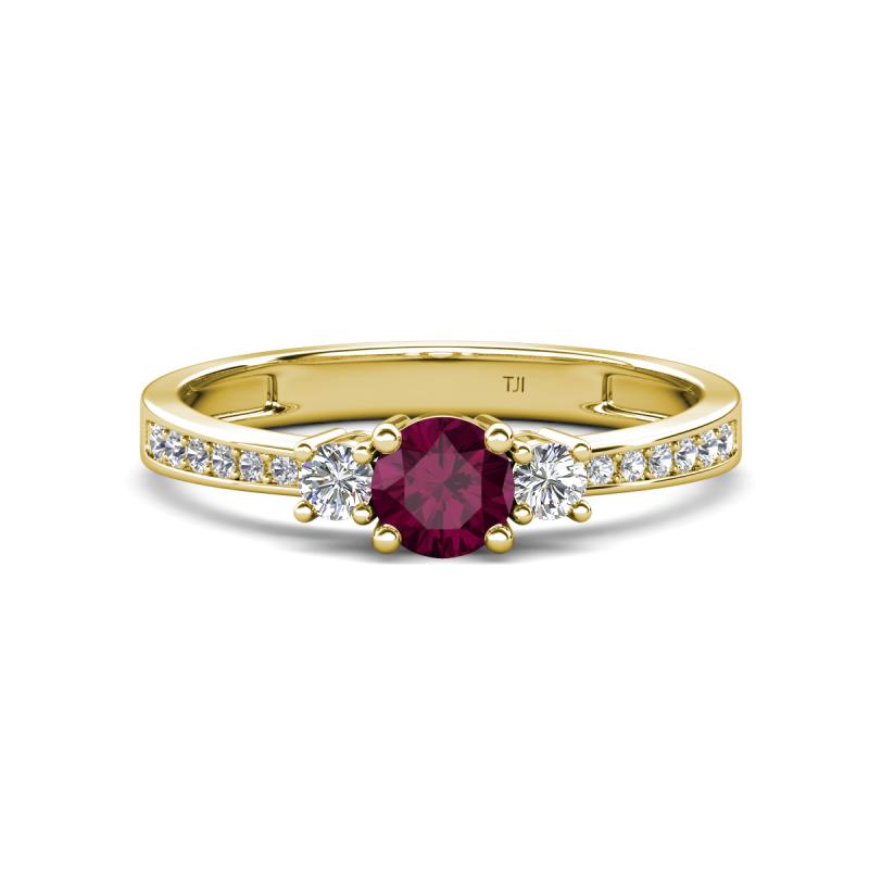 Aniyah 0.71 ctw (5.00 mm) Classic Three Stone Round Rhodolite Garnet and Natural Diamond Engagement Ring 