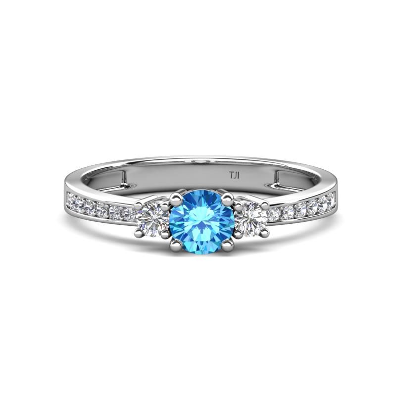 Aniyah 0.71 ctw (5.00 mm) Classic Three Stone Round Blue Topaz and Natural Diamond Engagement Ring 