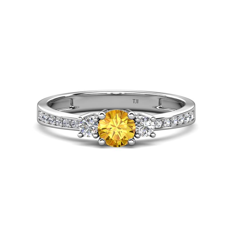 Aniyah 0.61 ctw (5.00 mm) Classic Three Stone Round Citrine and Natural Diamond Engagement Ring 
