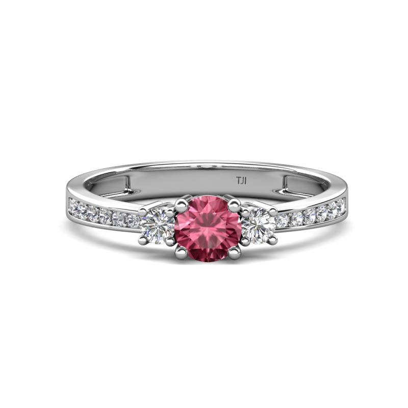 Aniyah 0.61 ctw (5.00 mm) Classic Three Stone Round Pink Tourmaline and Natural Diamond Engagement Ring 