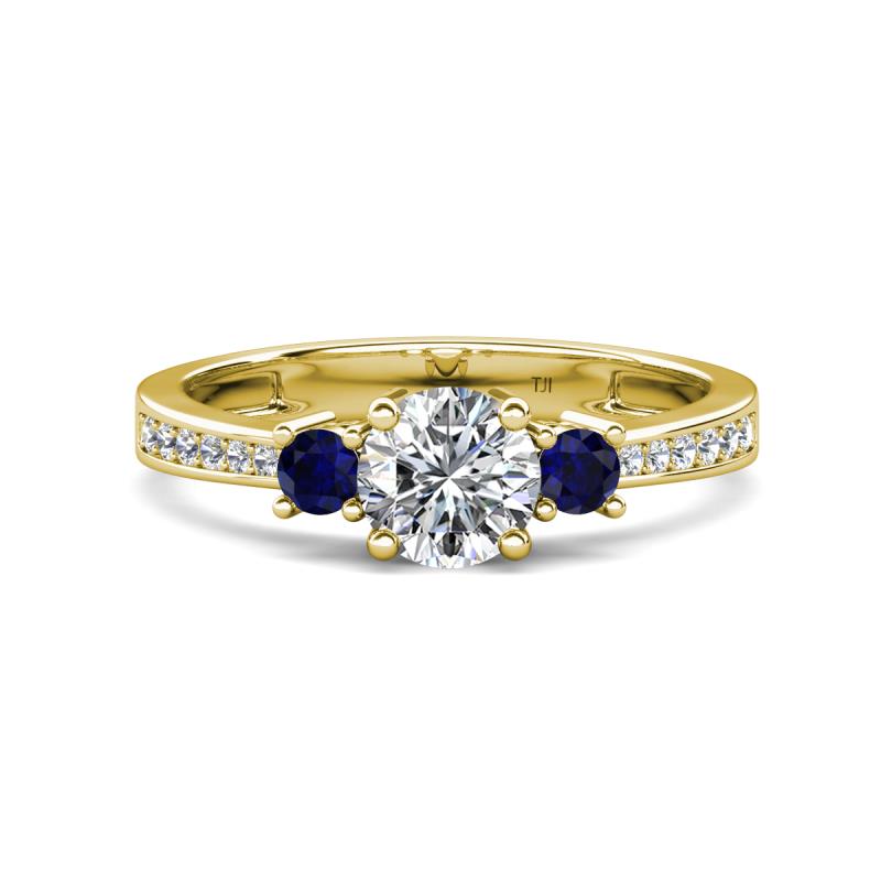 Aniyah 1.36 ctw (6.50 mm) GIA Certified Classic Three Stone Round Natural Diamond (SI/H) and Blue Sapphire Engagement Ring 