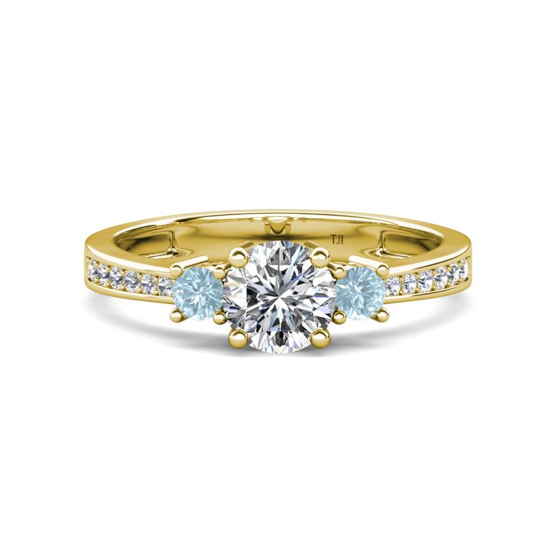 Aniyah 1.30 ctw (6.50 mm) GIA Certified Classic Three Stone Round Natural Diamond (SI/H) and Aquamarine Engagement Ring 