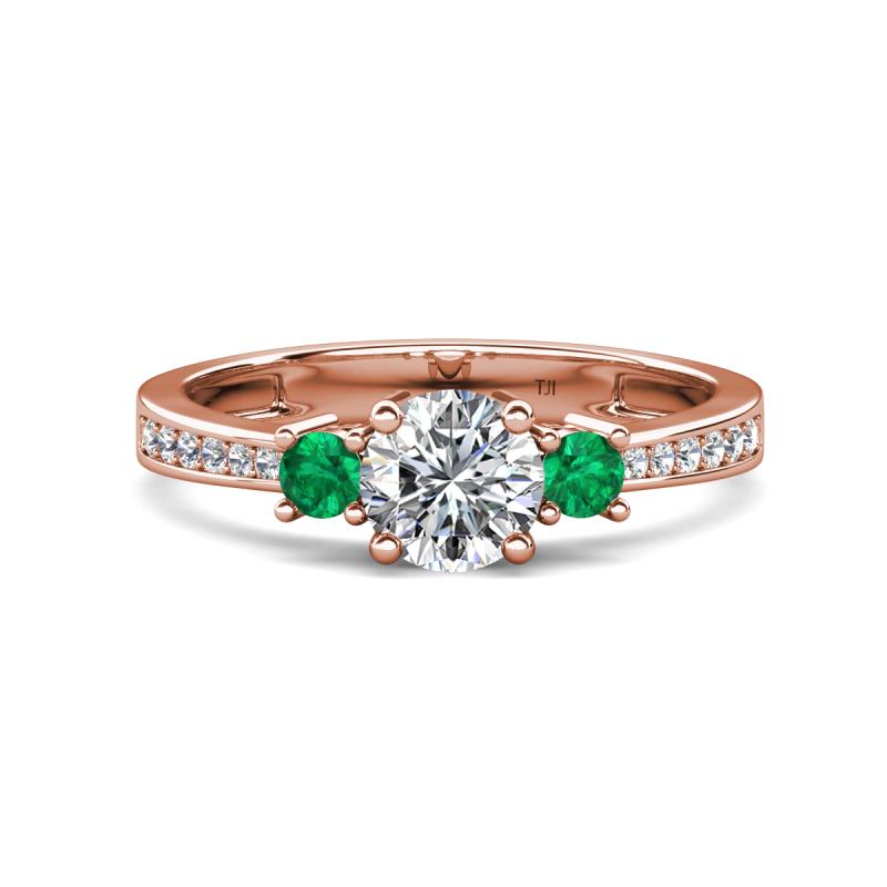 Aniyah 1.34 ctw (6.50 mm) GIA Certified Classic Three Stone Round Natural Diamond (SI/H) and Emerald Engagement Ring 