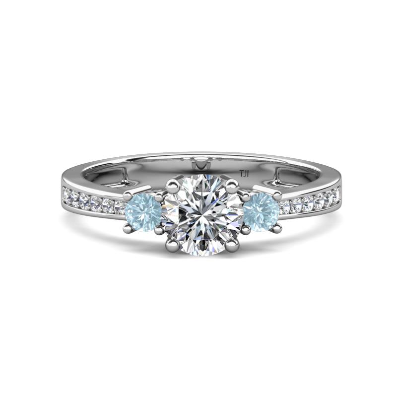 Aniyah 1.30 ctw (6.50 mm) GIA Certified Classic Three Stone Round Natural Diamond (SI/G) and Aquamarine Engagement Ring 
