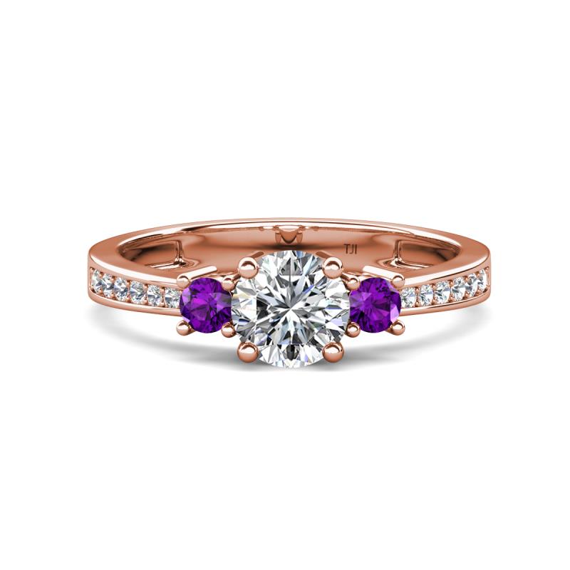 Aniyah 1.30 ctw (6.50 mm) GIA Certified Classic Three Stone Round Natural Diamond (SI/G) and Amethyst Engagement Ring 