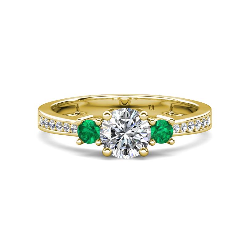 Aniyah 1.34 ctw (6.50 mm) GIA Certified Classic Three Stone Round Natural Diamond (SI/G) and Emerald Engagement Ring 