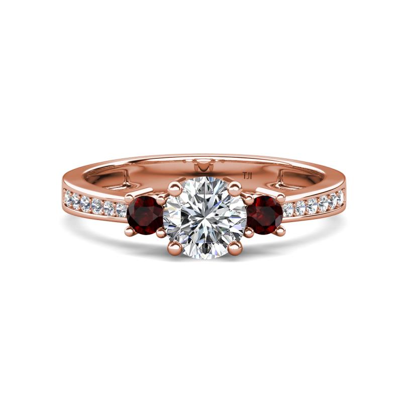 Aniyah 1.38 ctw (6.50 mm) GIA Certified Classic Three Stone Round Natural Diamond (SI/H) and Red Garnet Engagement Ring 