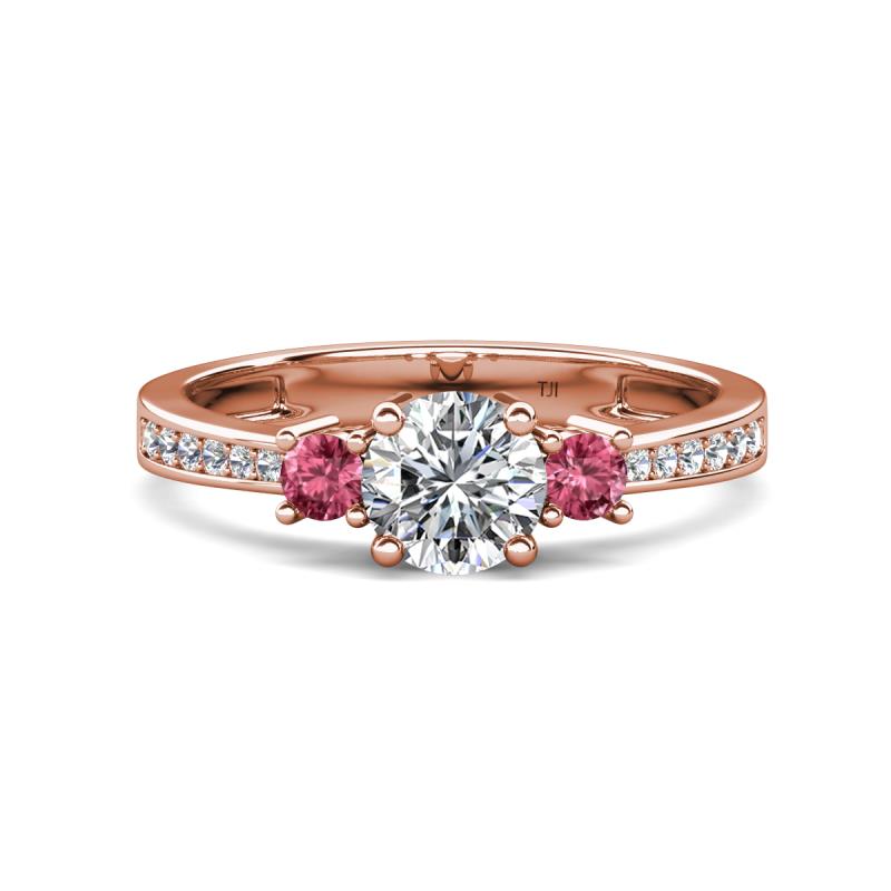 Aniyah 1.30 ctw (6.50 mm) GIA Certified Classic Three Stone Round Natural Diamond (SI/H) and Pink Tourmaline Engagement Ring 