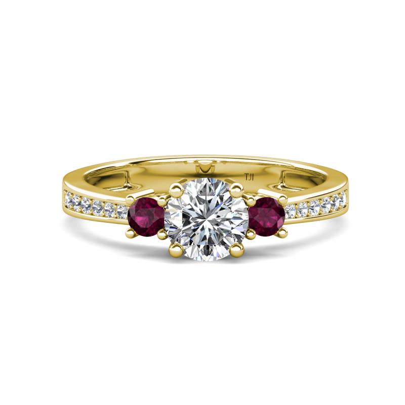 Aniyah 1.38 ctw (6.50 mm) GIA Certified Classic Three Stone Round Natural Diamond (SI/H) and Rhodolite Garnet Engagement Ring 