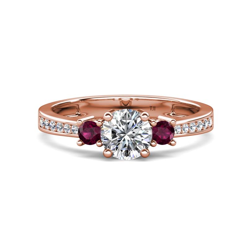 Aniyah 1.38 ctw (6.50 mm) GIA Certified Classic Three Stone Round Natural Diamond (SI/H) and Rhodolite Garnet Engagement Ring 