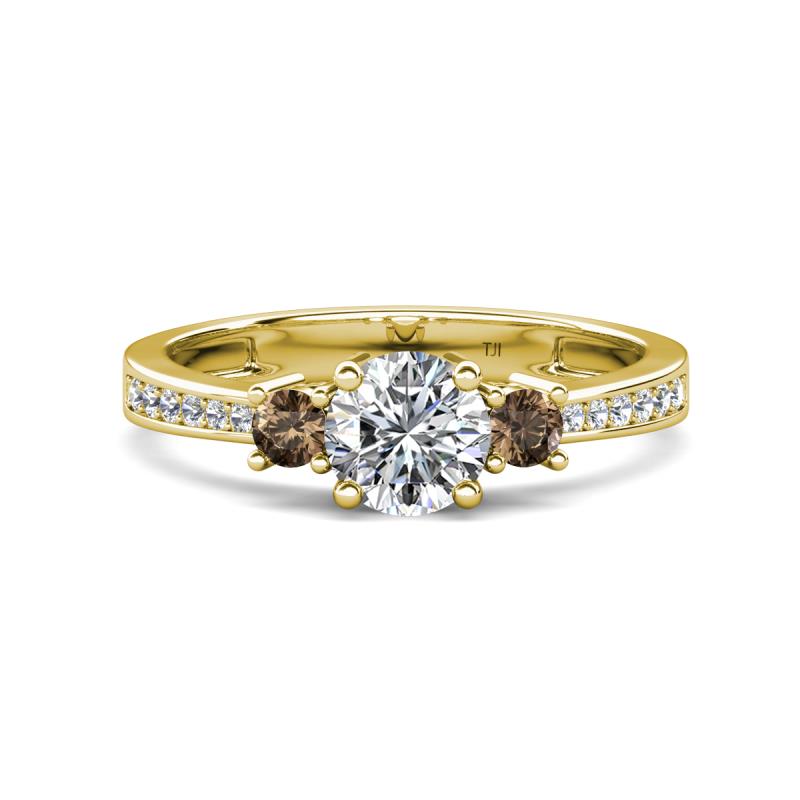 Aniyah 1.34 ctw (6.50 mm) GIA Certified Classic Three Stone Round Natural Diamond (SI/H) and Smoky Quartz Engagement Ring 