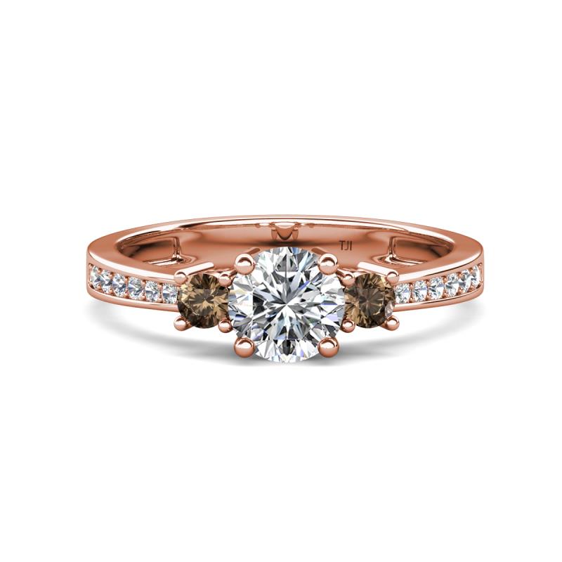 Aniyah 1.34 ctw (6.50 mm) GIA Certified Classic Three Stone Round Natural Diamond (SI/G) and Smoky Quartz Engagement Ring 
