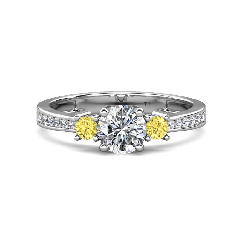 Aniyah 1.35 ctw (6.50 mm) GIA Certified Classic Three Stone Round Natural Diamond (SI/H) and Yellow Sapphire Engagement Ring 