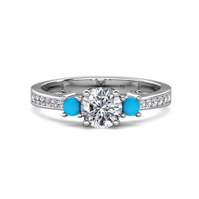 Aniyah 1.28 ctw (6.50 mm) GIA Certified Classic Three Stone Round Natural Diamond (SI/H) and Turquoise Engagement Ring 