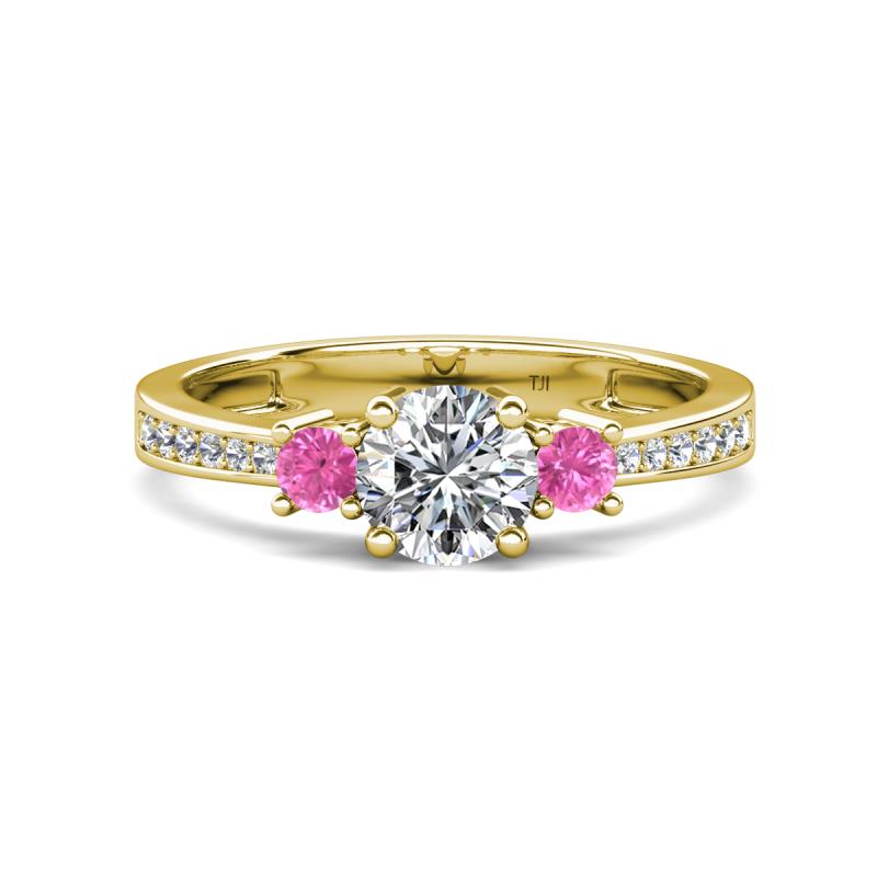 Aniyah 1.48 ctw (6.50 mm) IGI Certified Classic Three Stone Round Lab Grown Diamond (VS1/F) and Pink Sapphire Engagement Ring 
