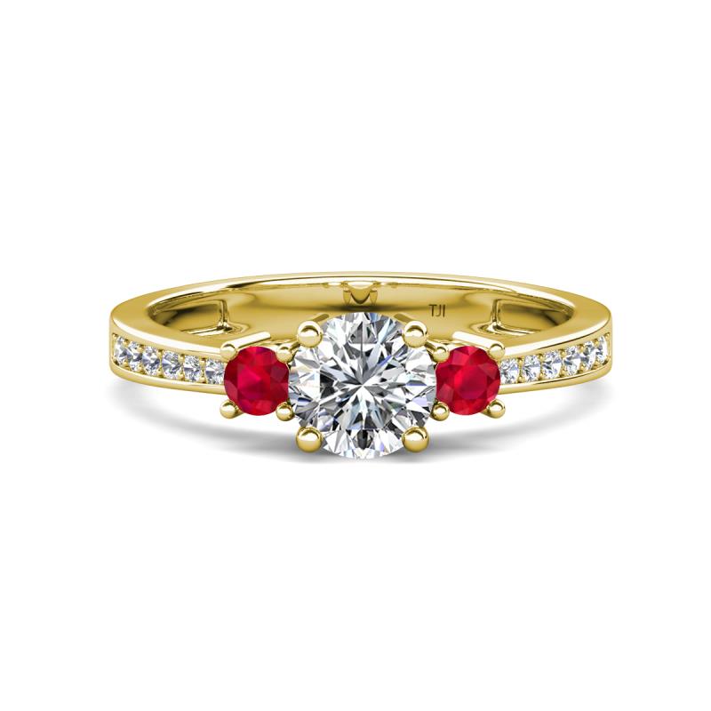 Aniyah 1.34 ctw (6.50 mm) IGI Certified Classic Three Stone Round Lab Grown Diamond (VS1/F) and Ruby Engagement Ring 