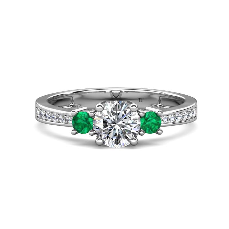 Aniyah 1.34 ctw (6.50 mm) IGI Certified Classic Three Stone Round Lab Grown Diamond (VS1/F) and Emerald Engagement Ring 