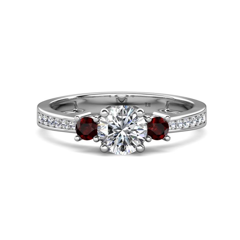 Aniyah 1.38 ctw (6.50 mm) IGI Certified Classic Three Stone Round Lab Grown Diamond (VS1/F) and Red Garnet Engagement Ring 