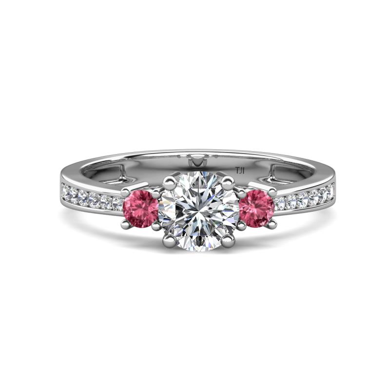 Aniyah 1.30 ctw (6.50 mm) IGI Certified Classic Three Stone Round Lab Grown Diamond (VS1/F) and Pink Tourmaline Engagement Ring 