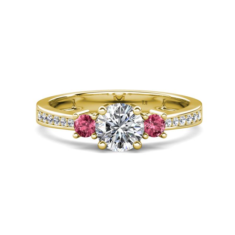 Aniyah 1.30 ctw (6.50 mm) IGI Certified Classic Three Stone Round Lab Grown Diamond (VS1/F) and Pink Tourmaline Engagement Ring 