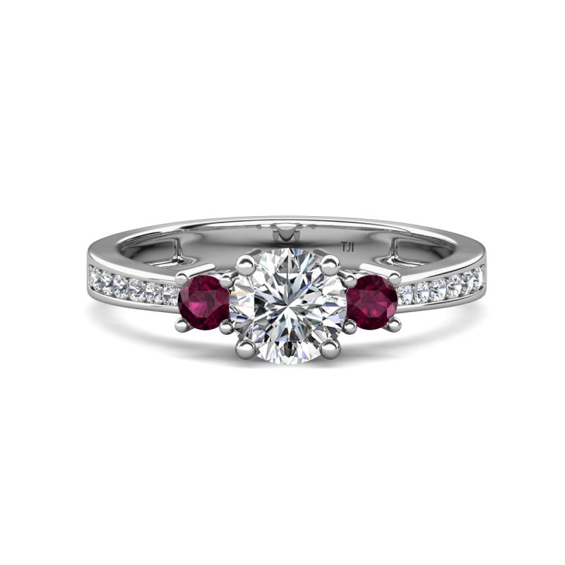 Aniyah 1.38 ctw (6.50 mm) IGI Certified Classic Three Stone Round Lab Grown Diamond (VS1/F) and Rhodolite Garnet Engagement Ring 