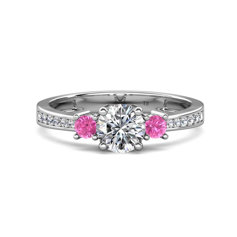 Aniyah 1.48 ctw (6.50 mm) IGI Certified Classic Three Stone Round Lab Grown Diamond (VS1/F) and Pink Sapphire Engagement Ring 