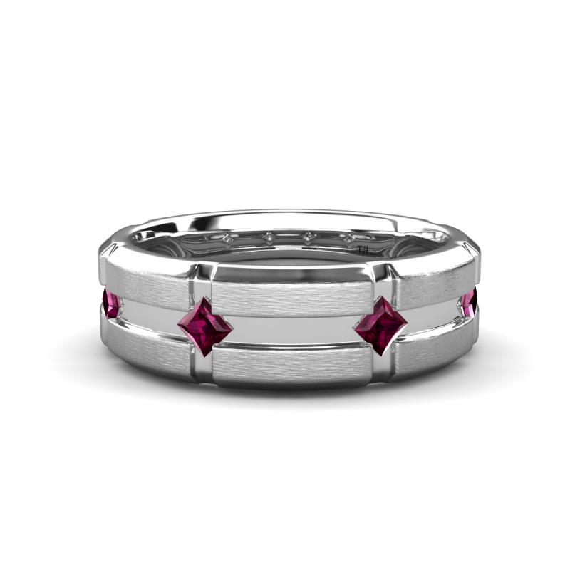 Adam 7.50 mm Kite Set Evenly Spaced Princess Cut Rhodolite Garnet Mens Wedding band 