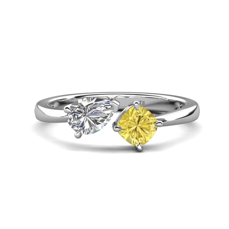 Lysha 1.61 ctw GIA Certified Natural Diamond Pear Shape (7x5 mm) & Lab Created Yellow Sapphire Cushion Shape (5.00 mm) Toi Et Moi Engagement Ring 